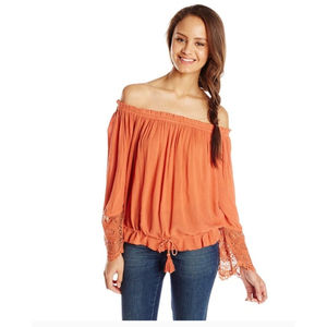 O’Neill Beau Off Shoulder Coral Lace Trim Blouse